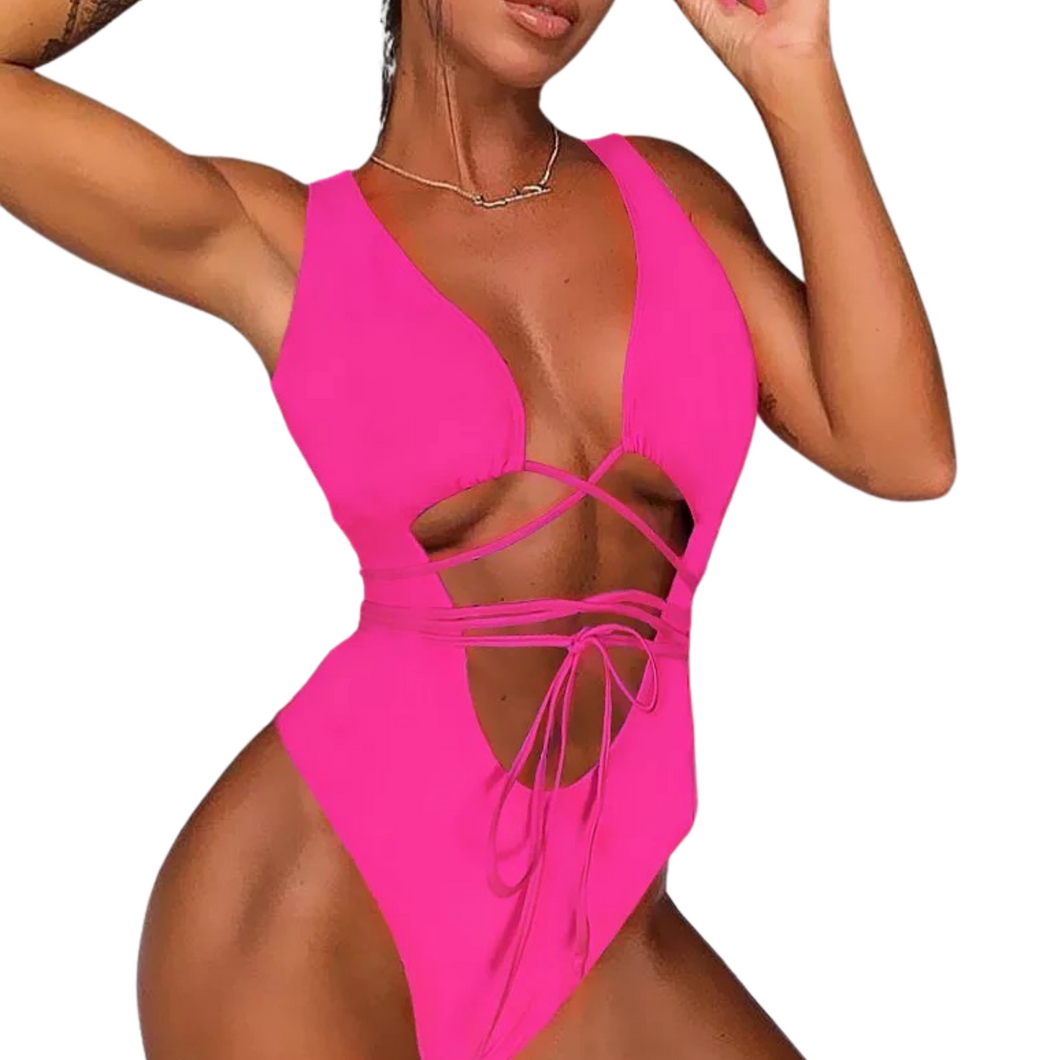 Neon Pink Peekaboo Waist Tie One Piece Swimwear - I Adore Her Palace